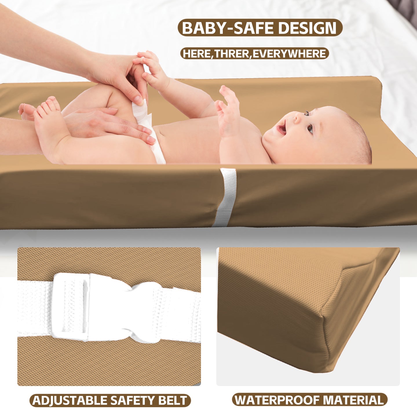 AGOGOLIFE BABY Changing Pad – Waterproof PU Leather, Soft Cushioned Mat with Safety Strap for Comfortable Nappy Changes-COFFE