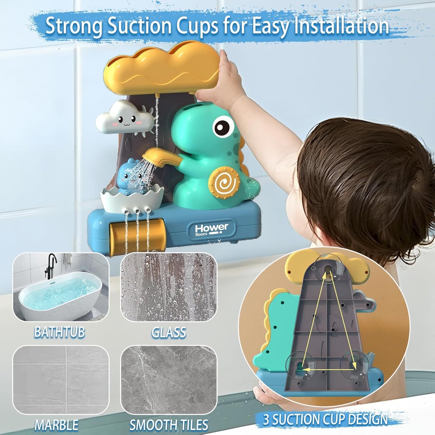 🦖 Dinosaur Bath Time Toy – Rainfall Water Play Toy for Toddlers with Cloud Pouring, Spinners & Strong Suction Base