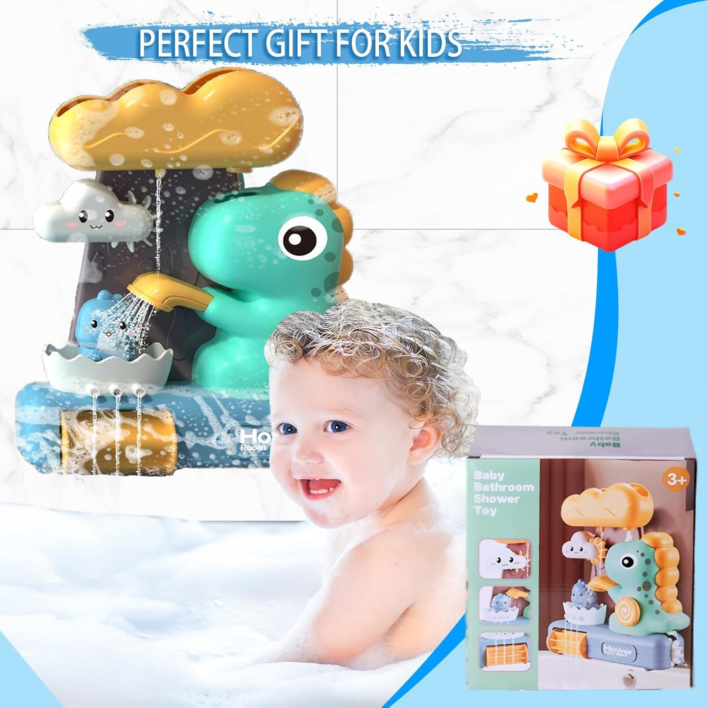 🦖 Dinosaur Bath Time Toy – Rainfall Water Play Toy for Toddlers with Cloud Pouring, Spinners & Strong Suction Base