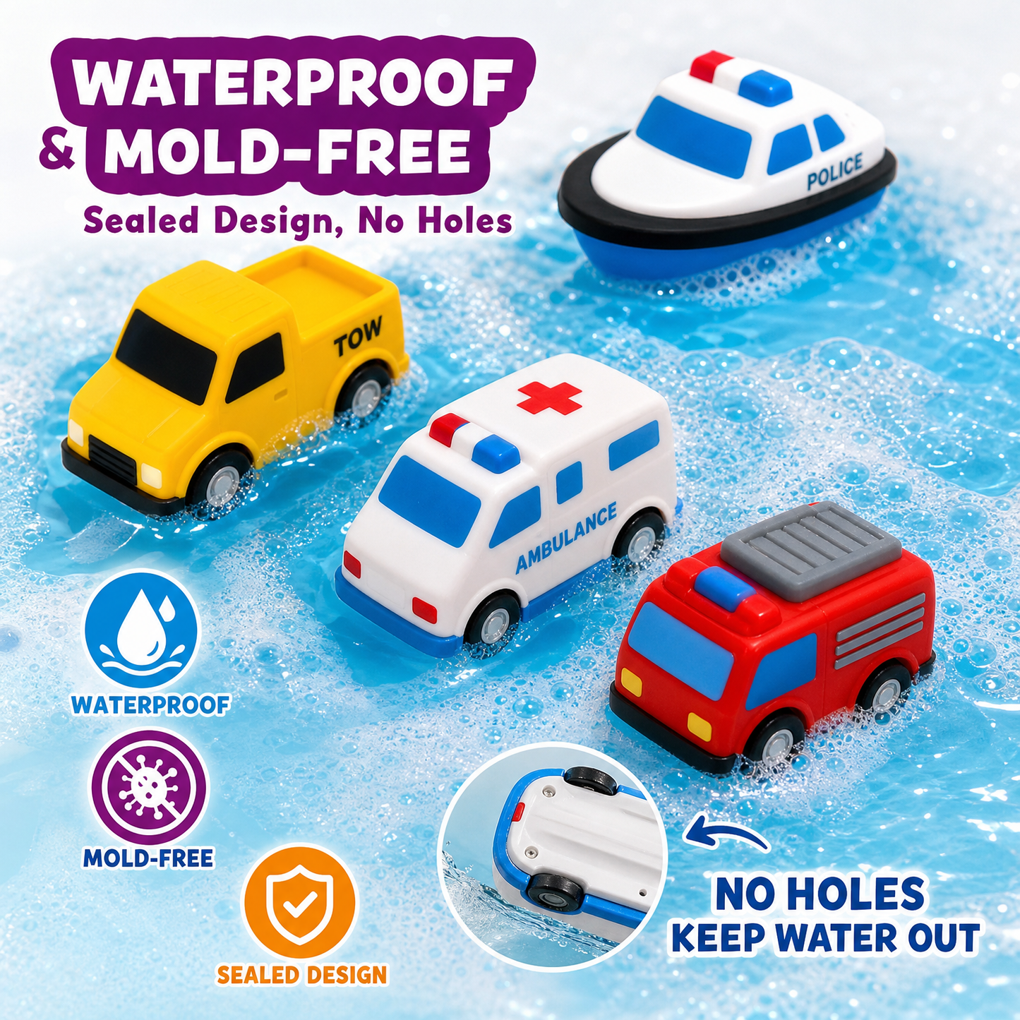 AGOGOLIFE 6-Pack Light-Up Bath Toys for Toddlers – Water-Activated Floating Vehicle Toys, Fully Sealed Hole-Free Soft Bath Toys with Colour-Changing Lights
