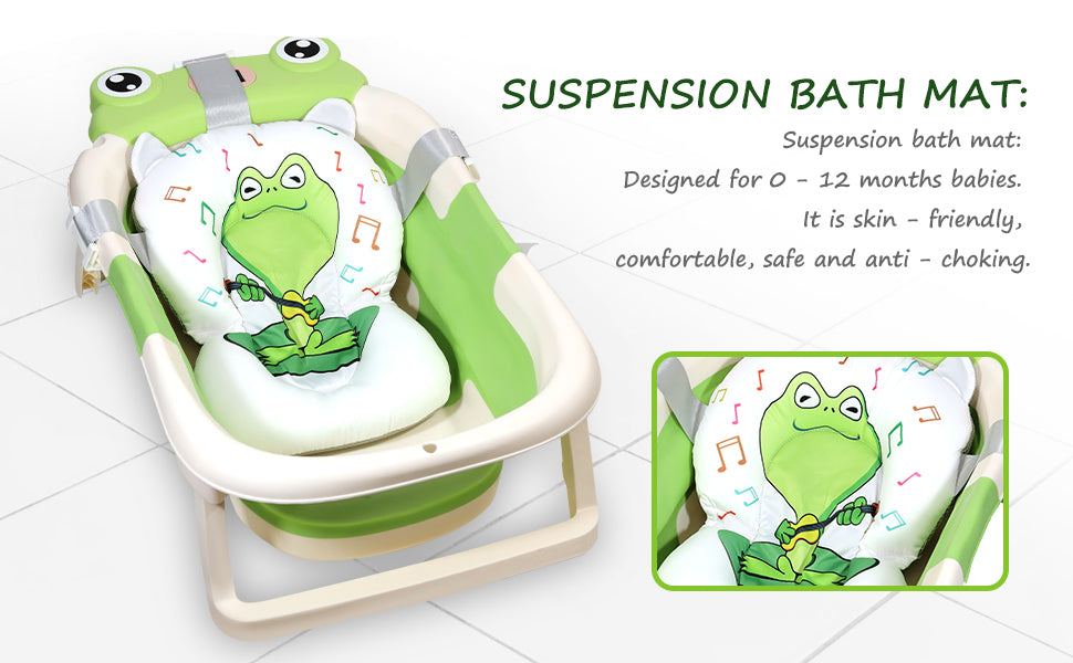 AGOGOLIFE Foldable Baby Bathtub with Thermometer – Green Frog Design, Suspension Cushion for 0–24 Months, Space-Saving, Anti-Slip & Portable Baby Bath Tub