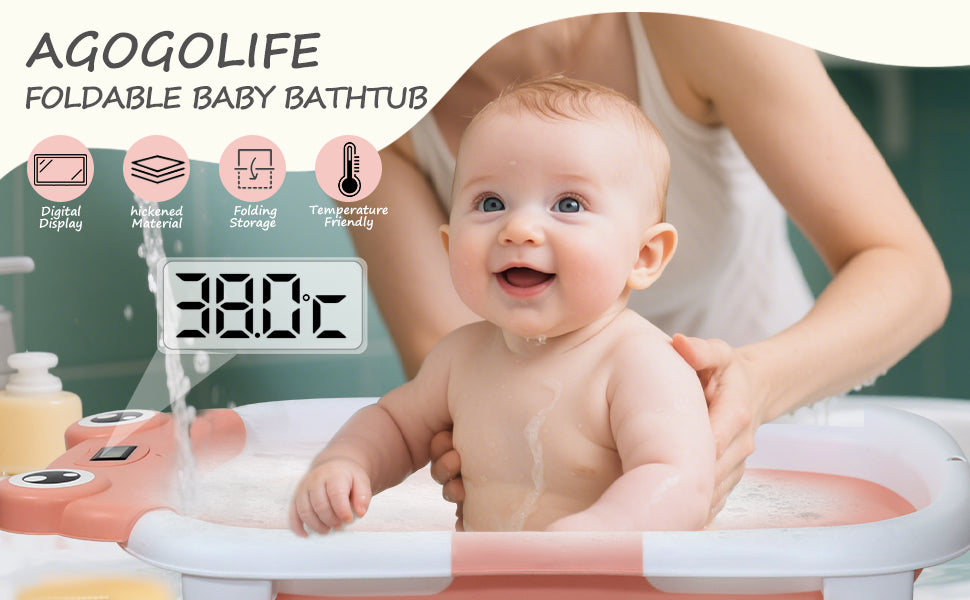 AGOGOLIFE Foldable Baby Bathtub with Thermometer – Pink Frog Design, Suspension Cushion for 0–24 Months, Space-Saving, Anti-Slip & Portable Baby Bath Tub