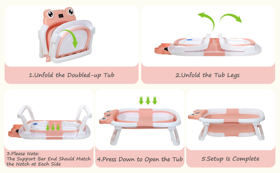 AGOGOLIFE Foldable Baby Bathtub with Thermometer – Pink Frog Design, Suspension Cushion for 0–24 Months, Space-Saving, Anti-Slip & Portable Baby Bath Tub