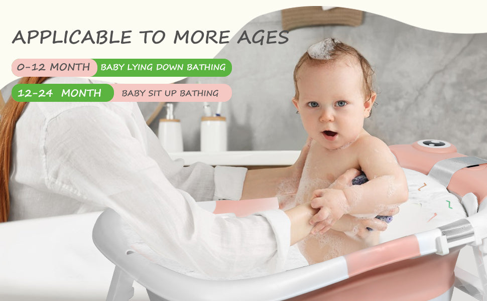 AGOGOLIFE Foldable Baby Bathtub with Thermometer – Pink Frog Design, Suspension Cushion for 0–24 Months, Space-Saving, Anti-Slip & Portable Baby Bath Tub