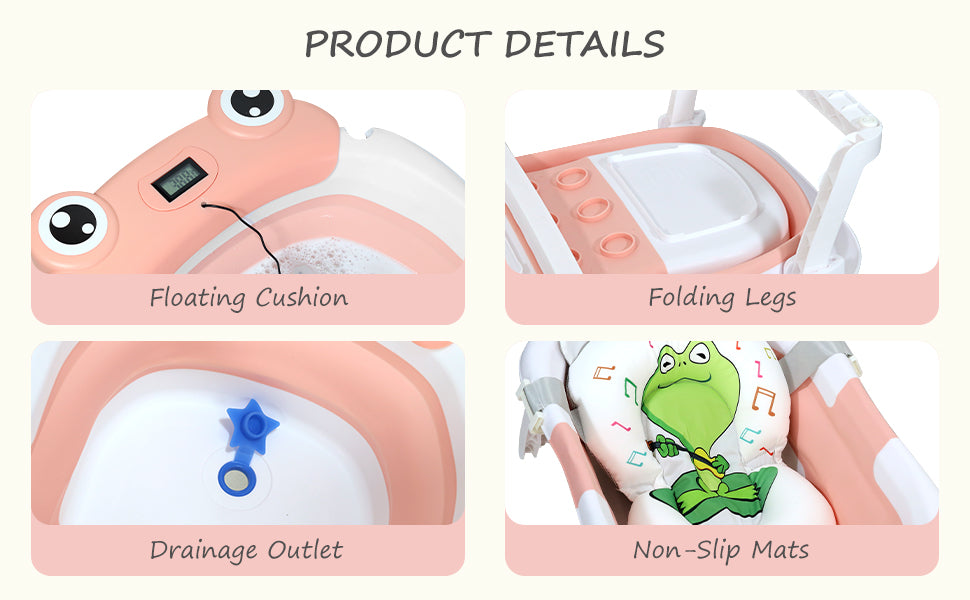 AGOGOLIFE Foldable Baby Bathtub with Thermometer – Pink Frog Design, Suspension Cushion for 0–24 Months, Space-Saving, Anti-Slip & Portable Baby Bath Tub