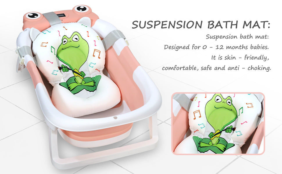 AGOGOLIFE Foldable Baby Bathtub with Thermometer – Pink Frog Design, Suspension Cushion for 0–24 Months, Space-Saving, Anti-Slip & Portable Baby Bath Tub