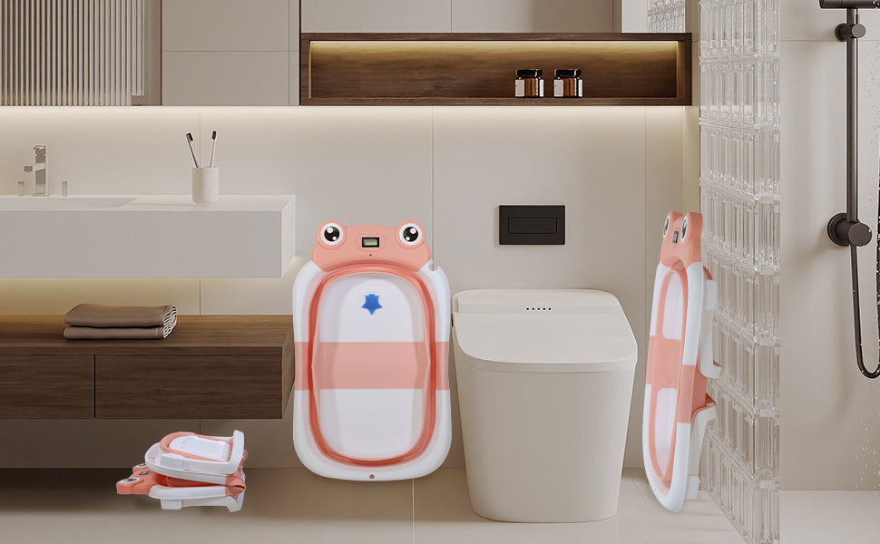 AGOGOLIFE Foldable Baby Bathtub with Thermometer – Pink Frog Design, Suspension Cushion for 0–24 Months, Space-Saving, Anti-Slip & Portable Baby Bath Tub