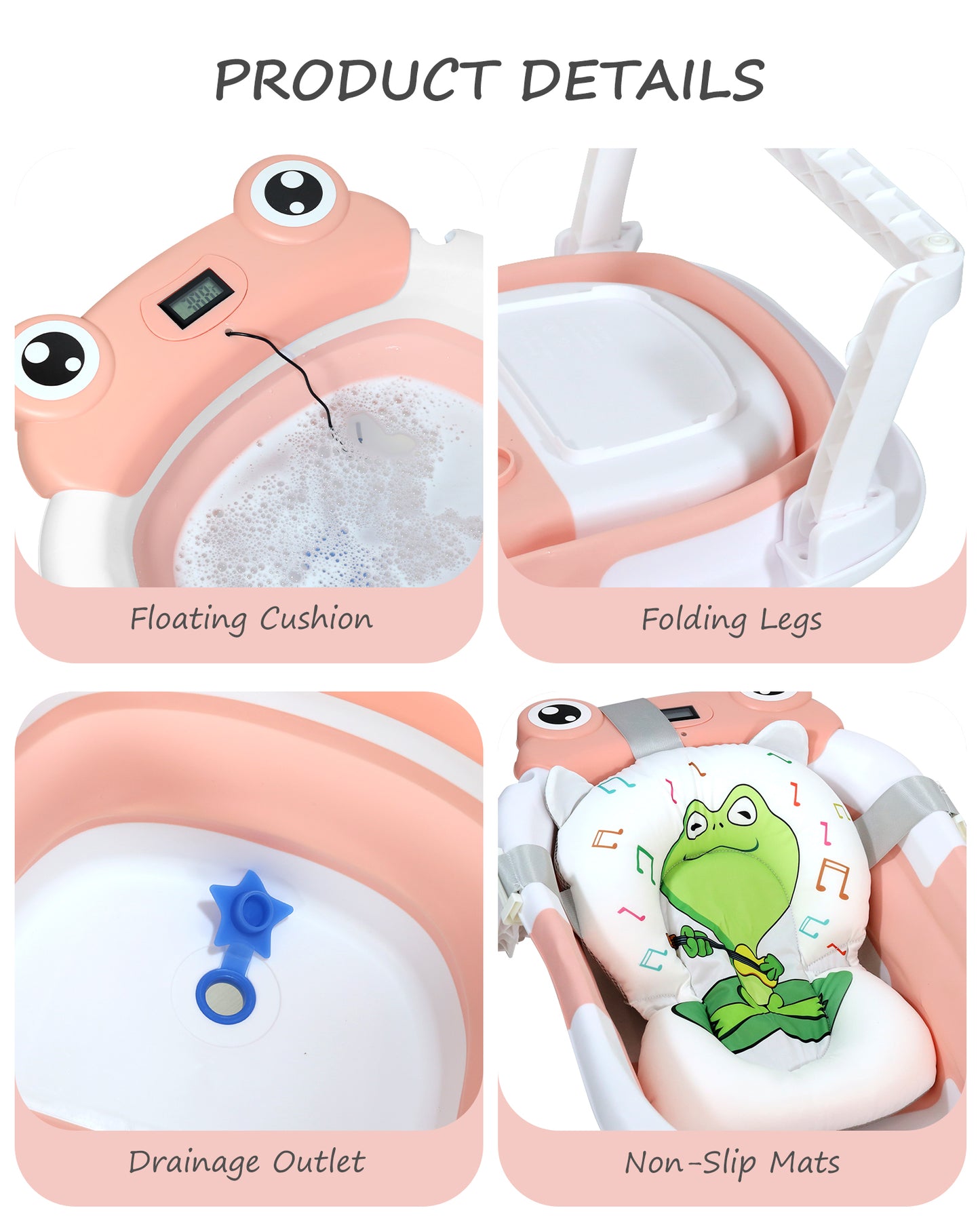 AGOGOLIFE Foldable Baby Bathtub with Thermometer – Pink Frog Design, Suspension Cushion for 0–24 Months, Space-Saving, Anti-Slip & Portable Baby Bath Tub