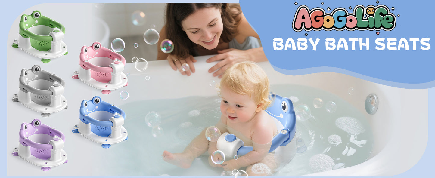 AGOGOLIFE Baby Bath Seat with Safety Lock & Adjustable Handle, Frog Design Infant Tub Chair with Anti-Slip Suction Cups & Soft Cushion – Suitable for Babies 6–18 Months Blue