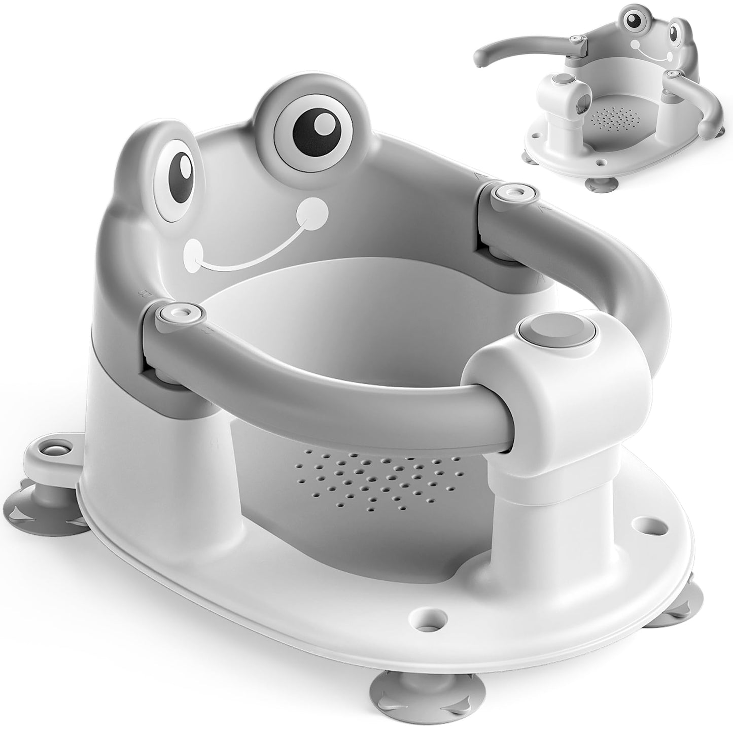AGOGOLIFE Baby Bath Seat with Safety Lock & Adjustable Handle, Frog Design Infant Tub Chair with Anti-Slip Suction Cups & Soft Cushion – Suitable for Babies 6–18 Months Grey