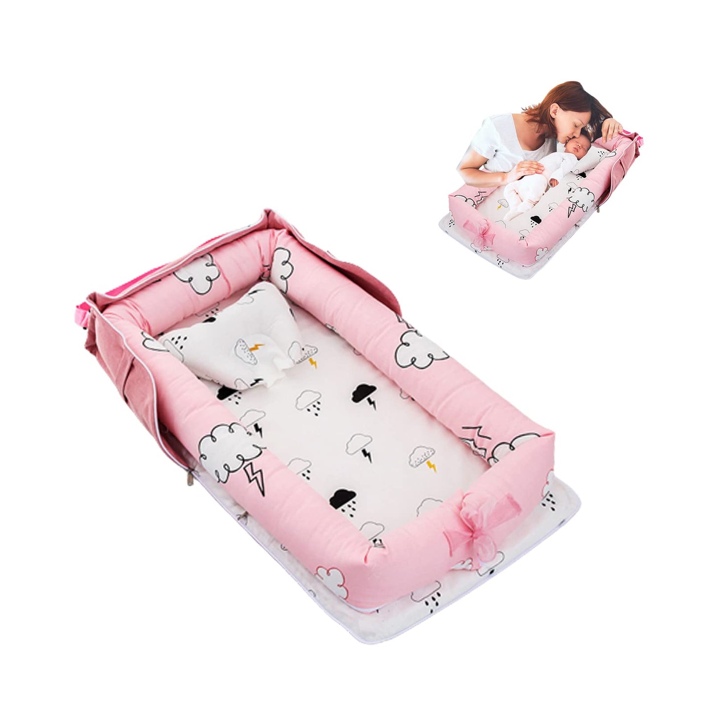 AGOGOLIFE Pink Cloud Baby Lounger – Portable Newborn Nest with Pillow & Foldable Mattress, Soft Cotton Crib for Travel or Home