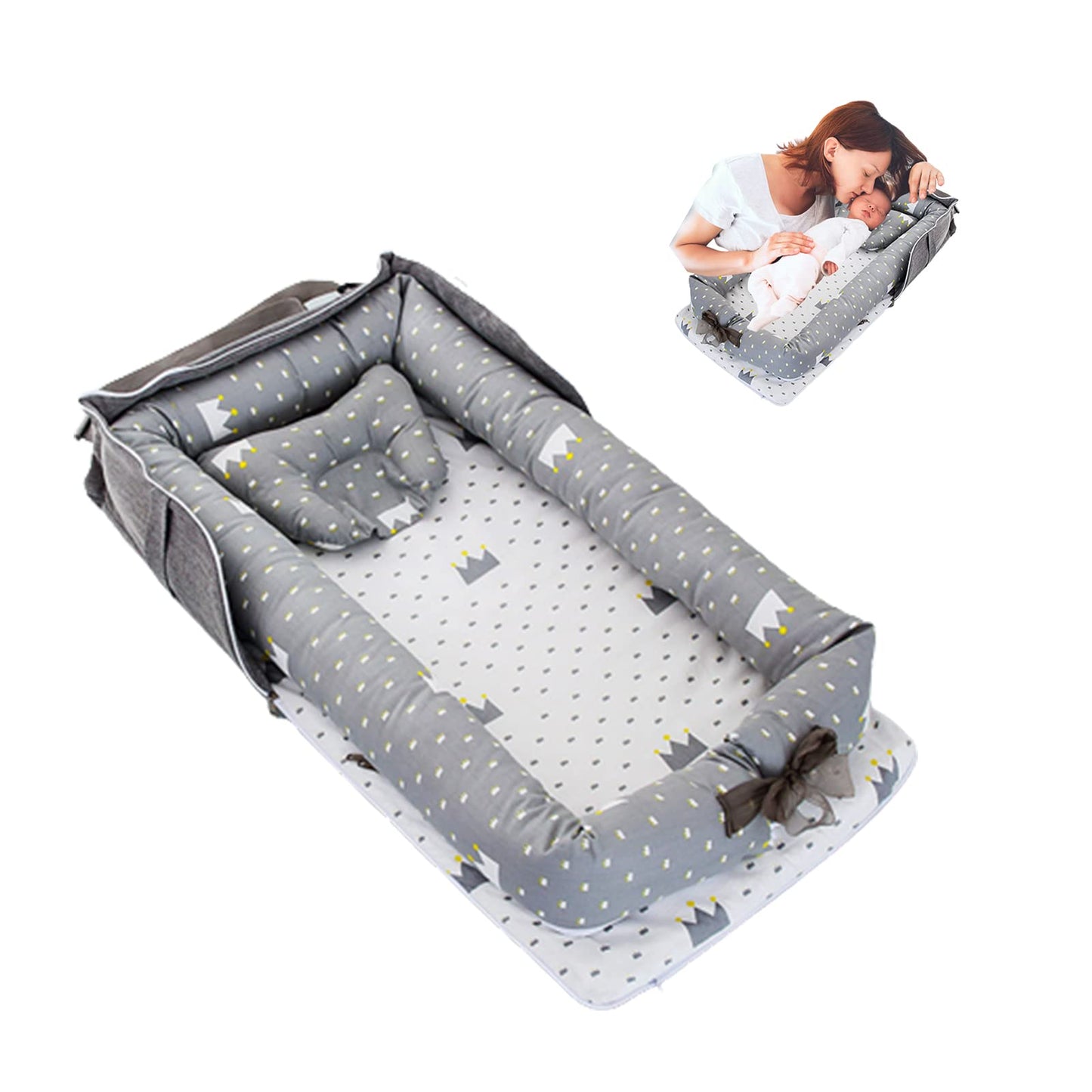 AGOGOLIFE Baby Lounger with Pillow – Portable Infant Nest, Soft Breathable 100% Cotton Baby Nest for Newborns – Adjustable Co-Sleeping Crib with Travel Bag – Grey Crown Design