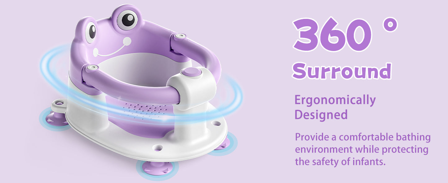 AGOGOLIFE Baby Bath Seat with Safety Lock & Adjustable Handle, Frog Design Infant Tub Chair with Anti-Slip Suction Cups & Soft Cushion – Suitable for Babies 6–18 Months Purple