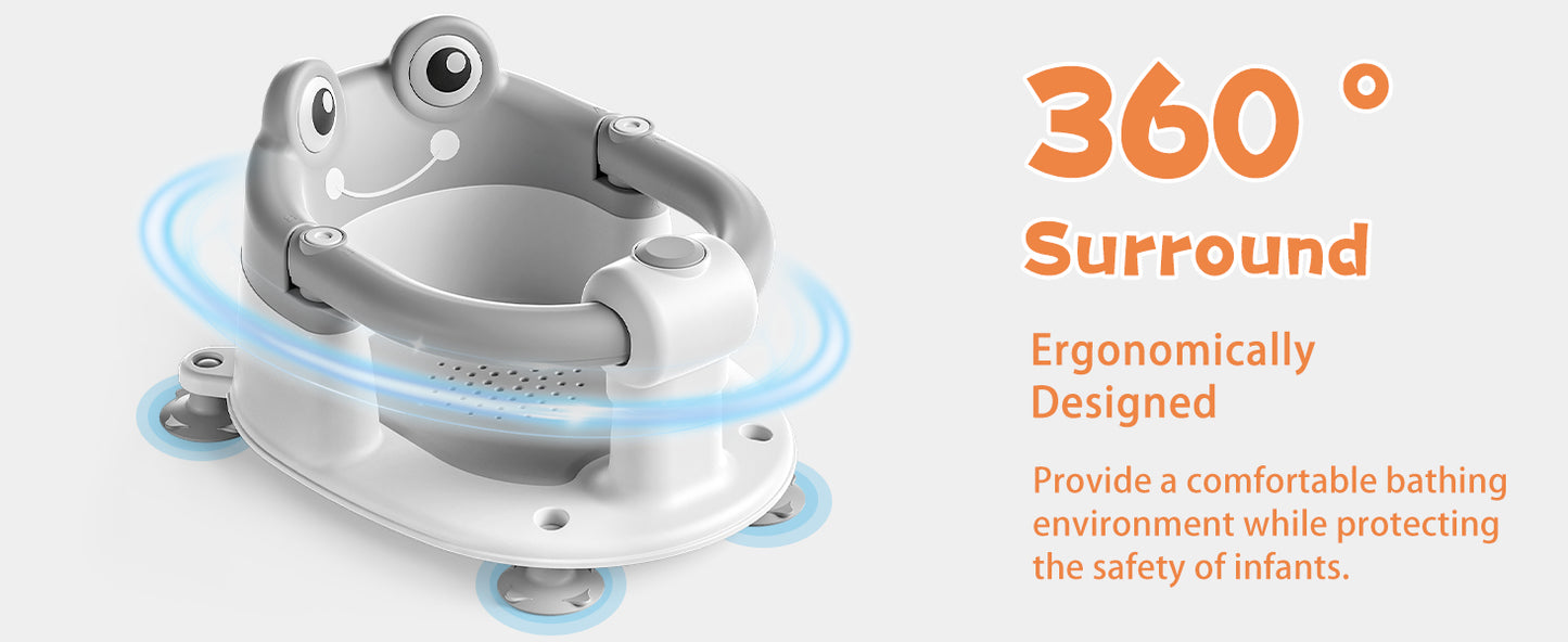 AGOGOLIFE Baby Bath Seat with Safety Lock & Adjustable Handle, Frog Design Infant Tub Chair with Anti-Slip Suction Cups & Soft Cushion – Suitable for Babies 6–18 Months Grey