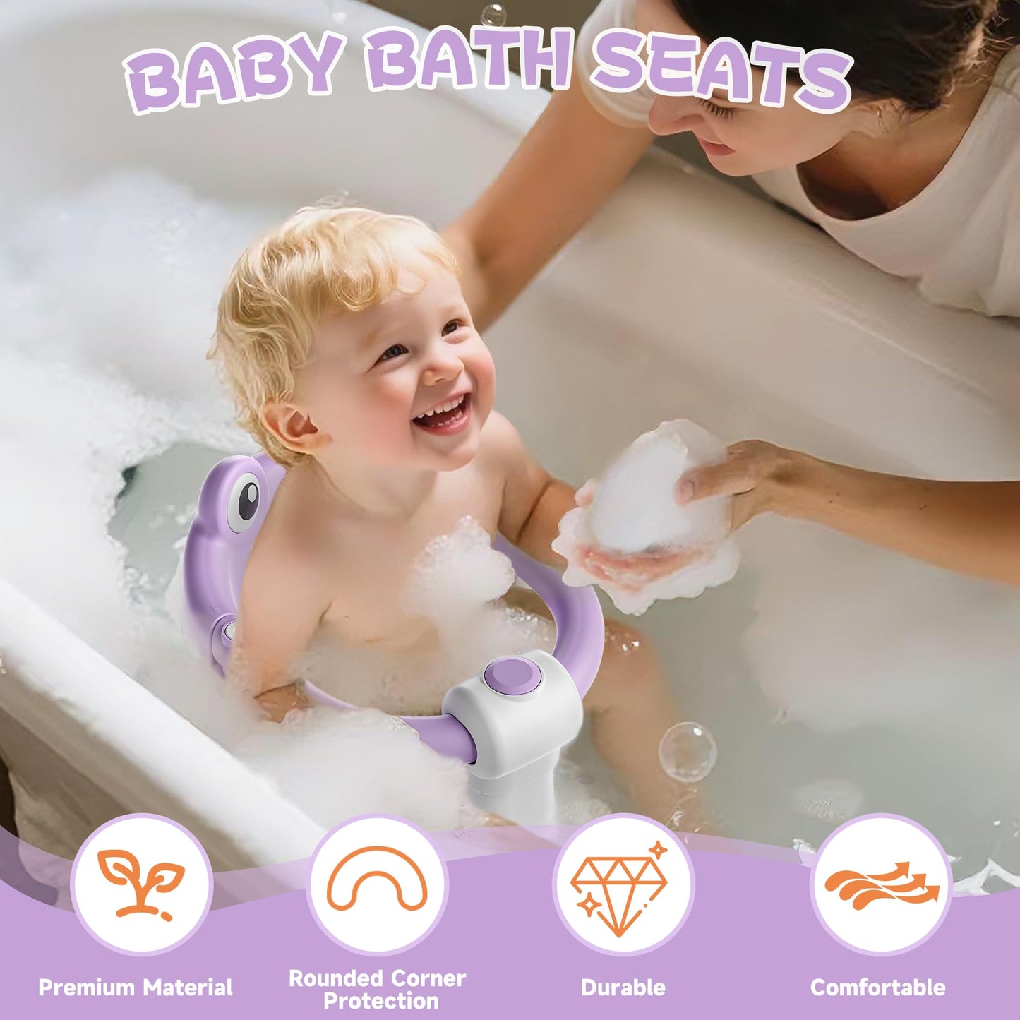 AGOGOLIFE Baby Bath Seat with Safety Lock & Adjustable Handle, Frog Design Infant Tub Chair with Anti-Slip Suction Cups & Soft Cushion – Suitable for Babies 6–18 Months Purple