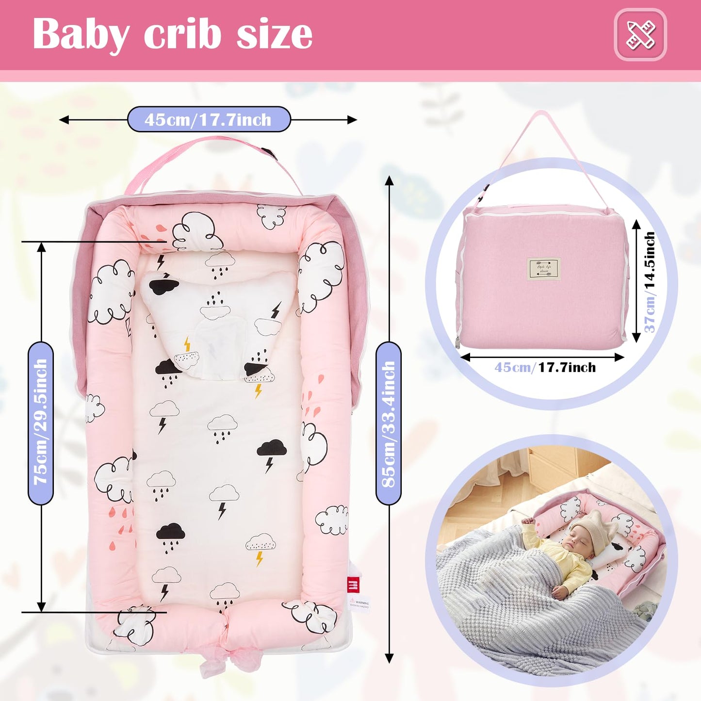 AGOGOLIFE Pink Cloud Baby Lounger – Portable Newborn Nest with Pillow & Foldable Mattress, Soft Cotton Crib for Travel or Home