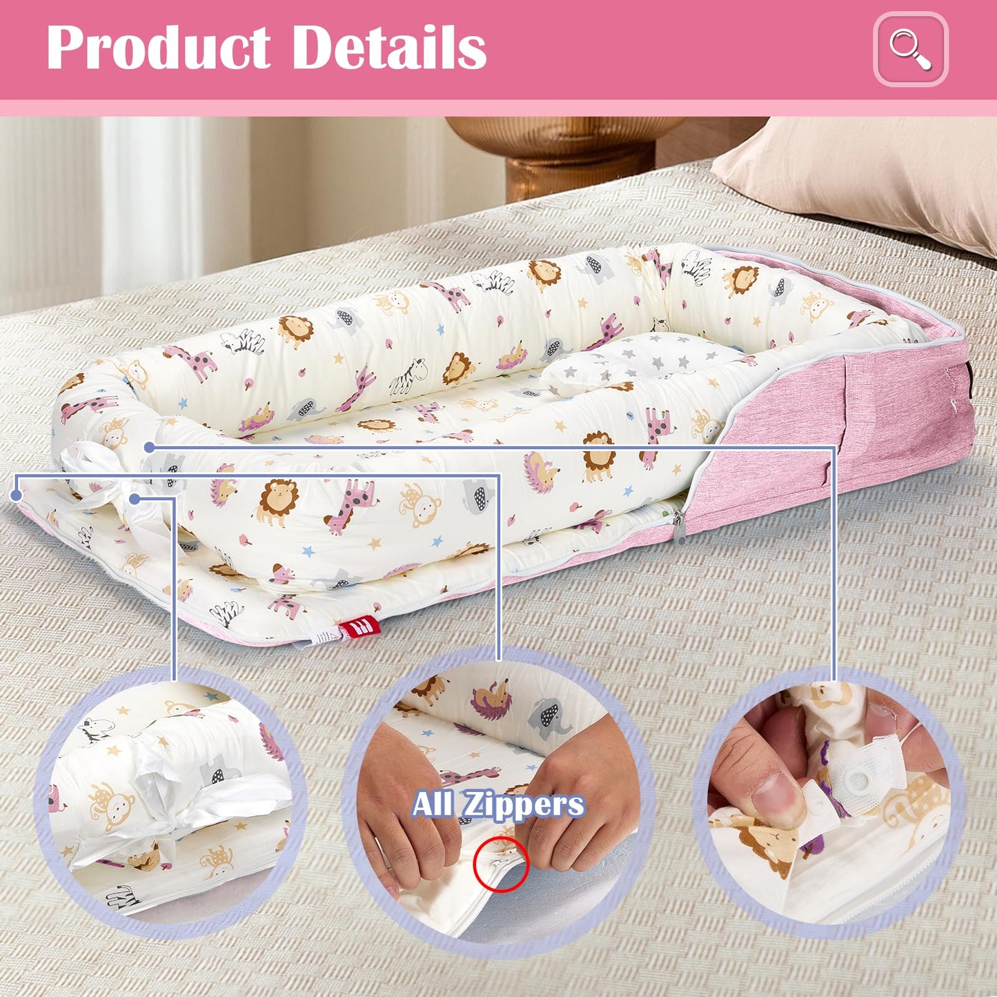 AGOGOLIFE Baby Lounger Nest for Newborn – Pink Safari Portable Infant Sleeper with Pillow, Folding Mattress & Travel Bag – Breathable, Soft Cotton Crib Cushion for 0-12 Months