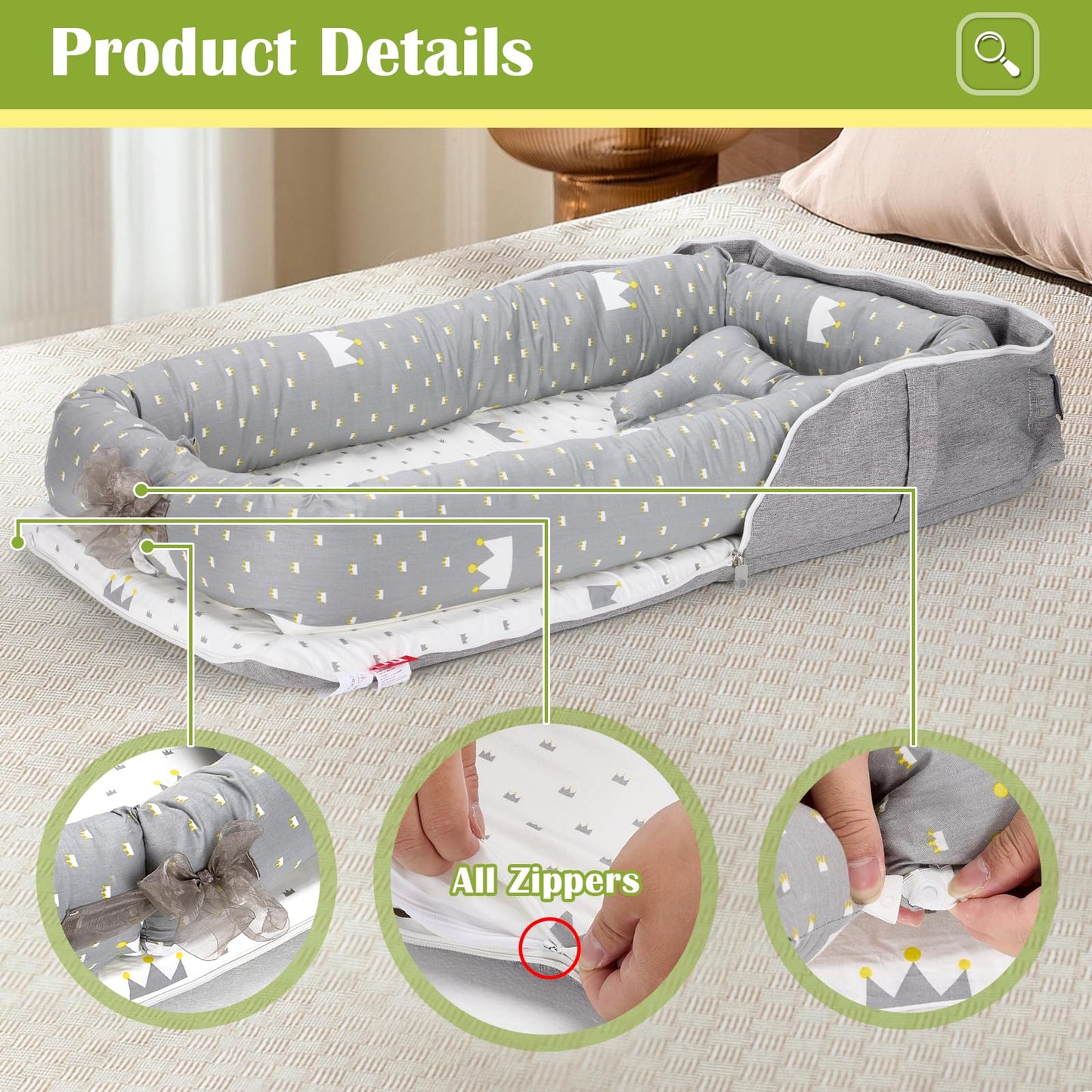 AGOGOLIFE Baby Lounger with Pillow – Portable Infant Nest, Soft Breathable 100% Cotton Baby Nest for Newborns – Adjustable Co-Sleeping Crib with Travel Bag – Grey Crown Design