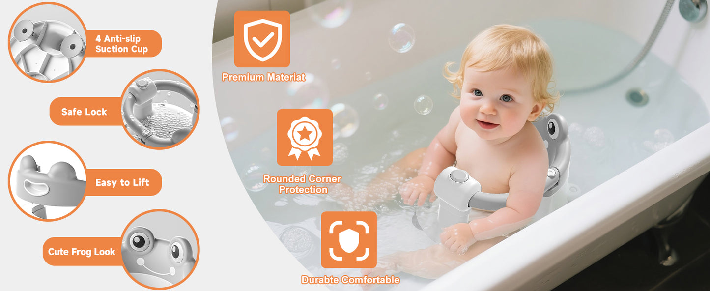 AGOGOLIFE Baby Bath Seat with Safety Lock & Adjustable Handle, Frog Design Infant Tub Chair with Anti-Slip Suction Cups & Soft Cushion – Suitable for Babies 6–18 Months Grey