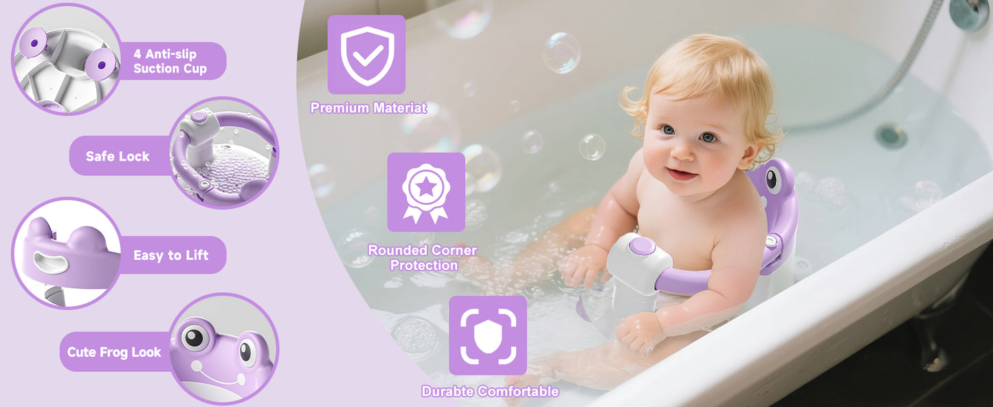 AGOGOLIFE Baby Bath Seat with Safety Lock & Adjustable Handle, Frog Design Infant Tub Chair with Anti-Slip Suction Cups & Soft Cushion – Suitable for Babies 6–18 Months Purple