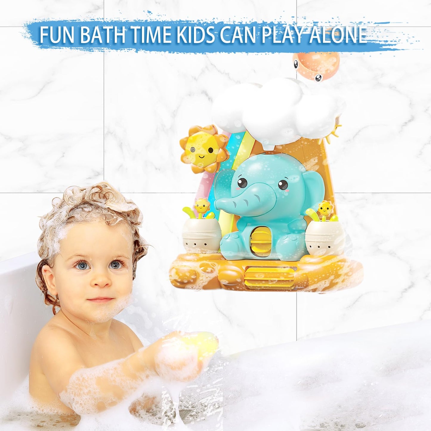 🐘 Elephant Waterfall Bath Toy – Rain Shower Sensory Toy for Toddlers with Suction Cups, Spinning Wheels & Cloud Pour