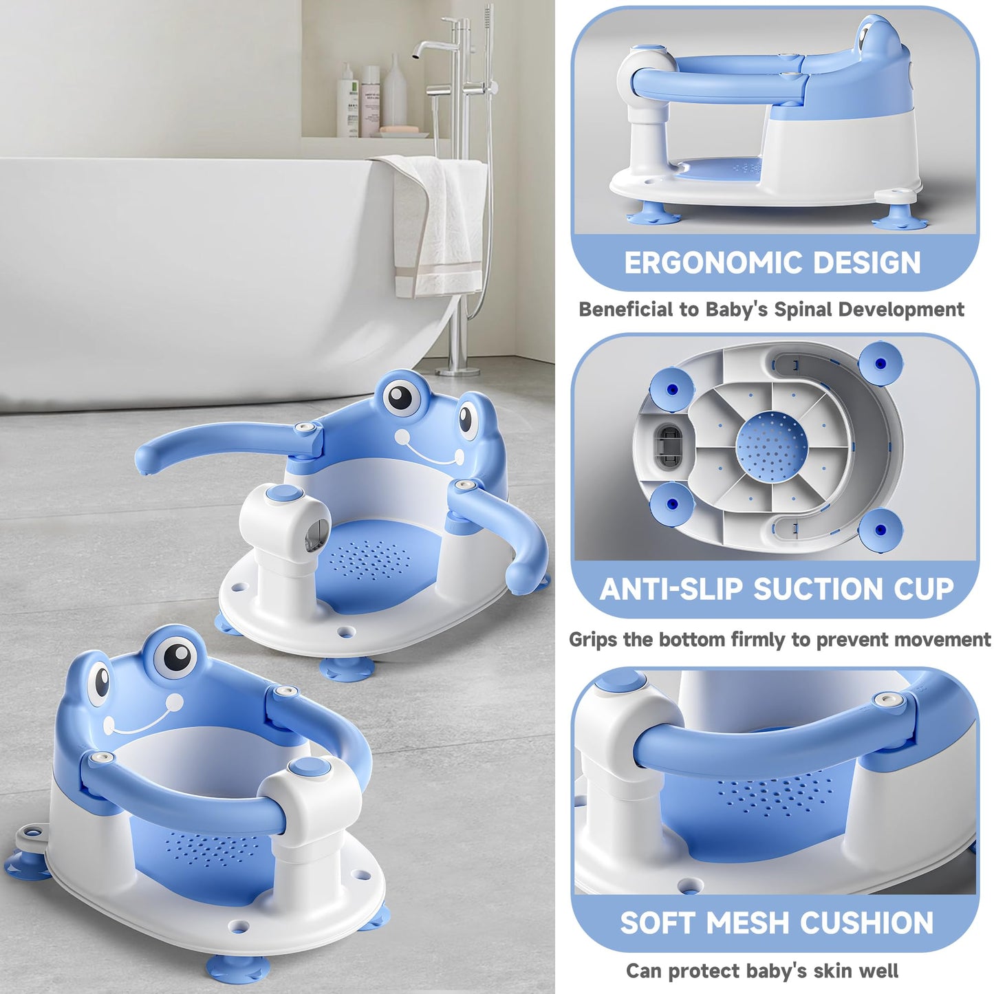 AGOGOLIFE Baby Bath Seat with Safety Lock & Adjustable Handle, Frog Design Infant Tub Chair with Anti-Slip Suction Cups & Soft Cushion – Suitable for Babies 6–18 Months Blue