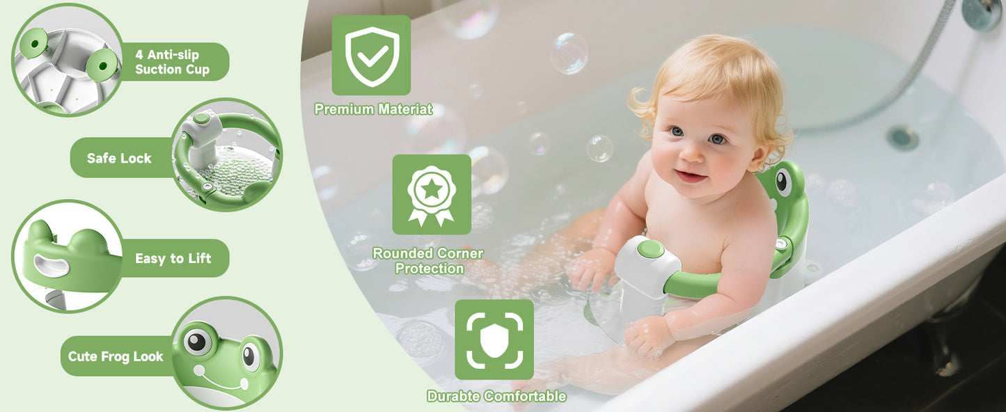 AGOGOLIFE Baby Bath Seat with Safety Lock & Adjustable Handle, Frog Design Infant Tub Chair with Anti-Slip Suction Cups & Soft Cushion – Suitable for Babies 6–18 Months Green