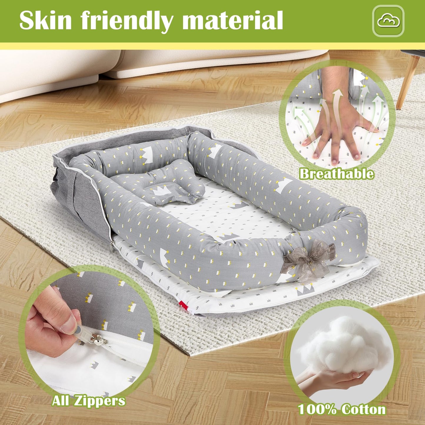 AGOGOLIFE Baby Lounger with Pillow – Portable Infant Nest, Soft Breathable 100% Cotton Baby Nest for Newborns – Adjustable Co-Sleeping Crib with Travel Bag – Grey Crown Design