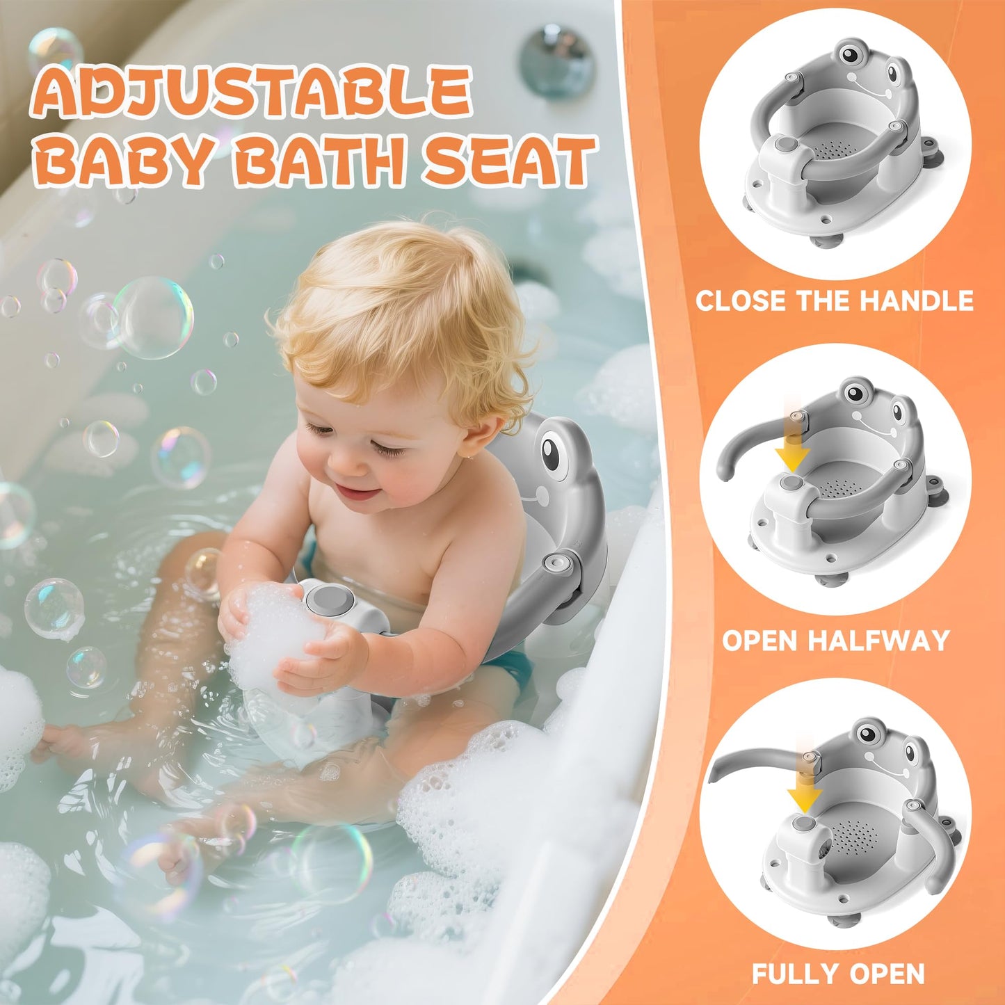 AGOGOLIFE Baby Bath Seat with Safety Lock & Adjustable Handle, Frog Design Infant Tub Chair with Anti-Slip Suction Cups & Soft Cushion – Suitable for Babies 6–18 Months Grey