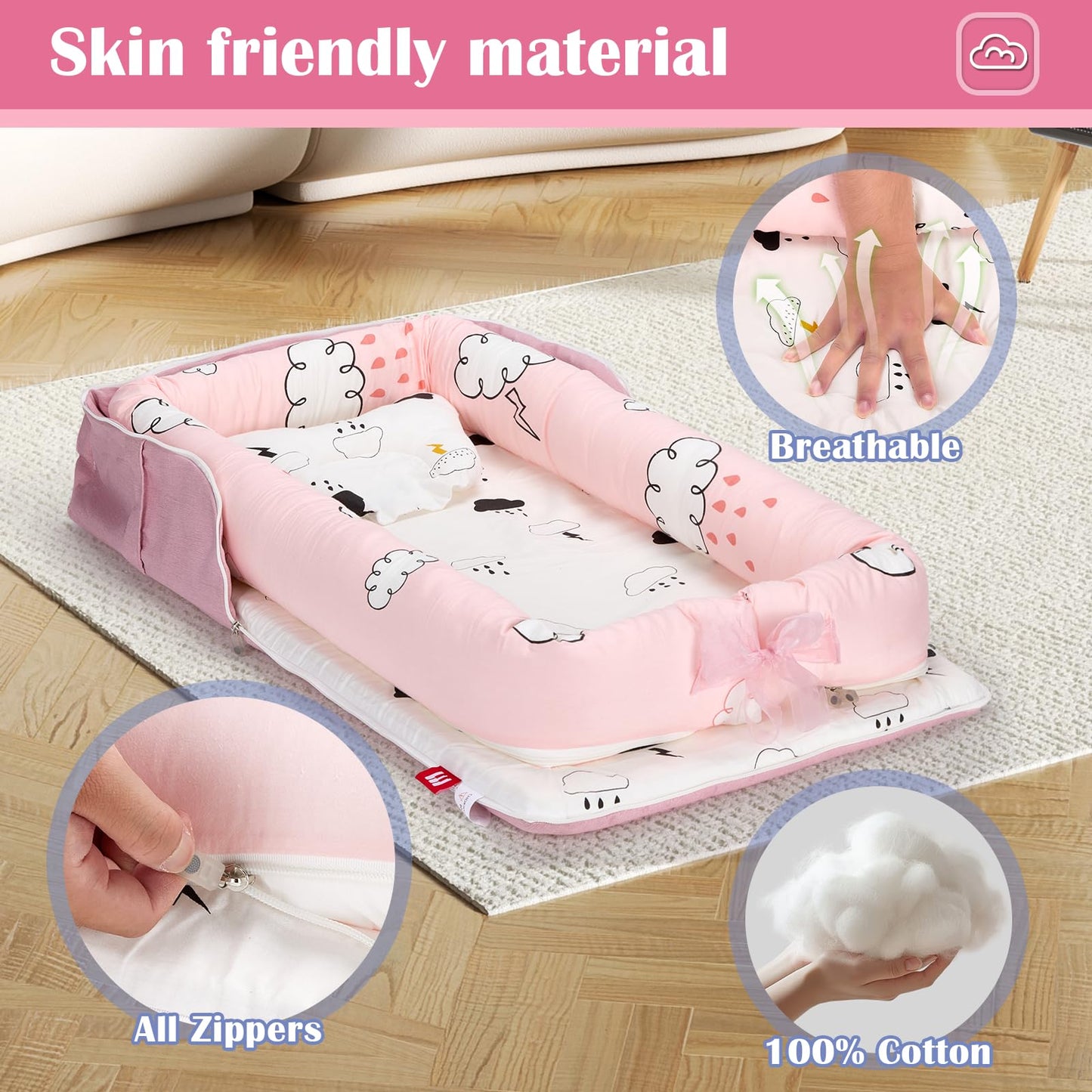 AGOGOLIFE Pink Cloud Baby Lounger – Portable Newborn Nest with Pillow & Foldable Mattress, Soft Cotton Crib for Travel or Home