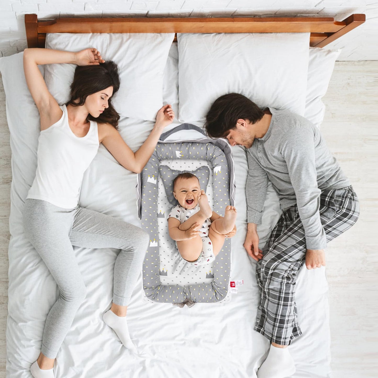 AGOGOLIFE Baby Lounger with Pillow – Portable Infant Nest, Soft Breathable 100% Cotton Baby Nest for Newborns – Adjustable Co-Sleeping Crib with Travel Bag – Grey Crown Design