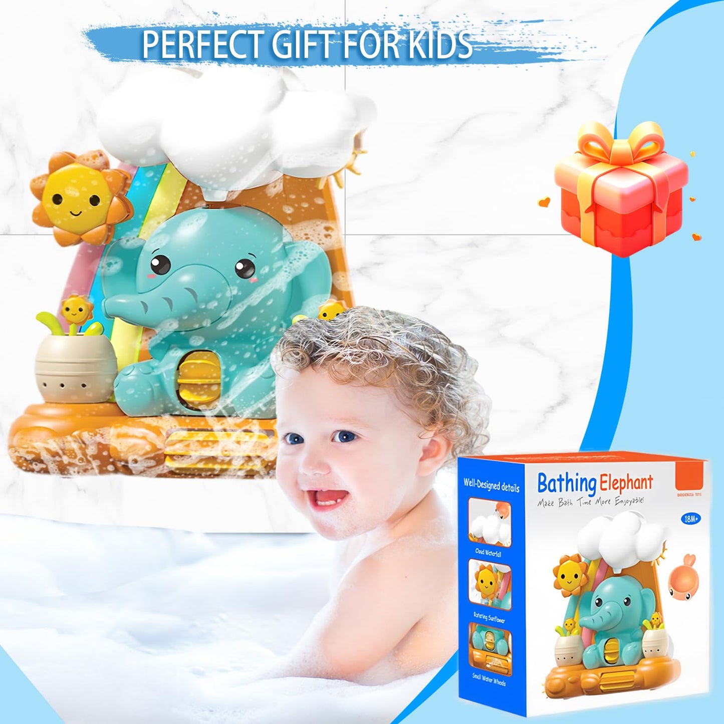 🐘 Elephant Waterfall Bath Toy – Rain Shower Sensory Toy for Toddlers with Suction Cups, Spinning Wheels & Cloud Pour