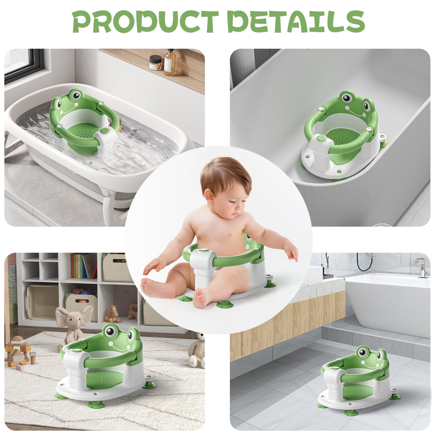 AGOGOLIFE Baby Bath Seat with Safety Lock & Adjustable Handle, Frog Design Infant Tub Chair with Anti-Slip Suction Cups & Soft Cushion – Suitable for Babies 6–18 Months Green