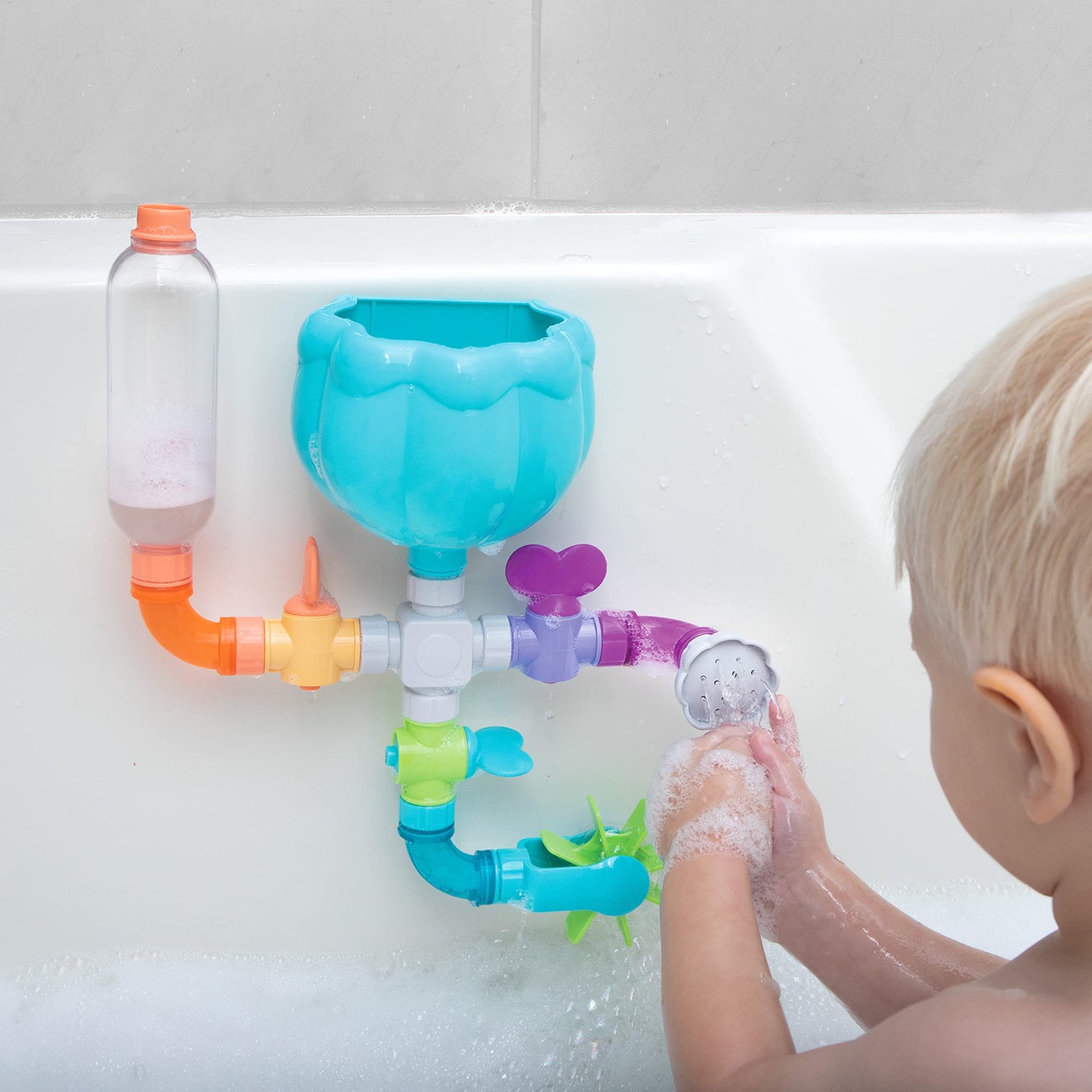 Interactive Kids Bath Waterfall Toy – Wall-Mounted Tub Playset with Pouring Cup, Spinning Gears, Water Valves & Shower Head – Fun Sensory Bath Toy for Toddlers and Babies