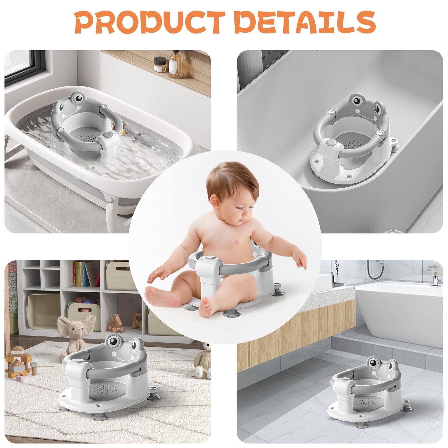 AGOGOLIFE Baby Bath Seat with Safety Lock & Adjustable Handle, Frog Design Infant Tub Chair with Anti-Slip Suction Cups & Soft Cushion – Suitable for Babies 6–18 Months Grey
