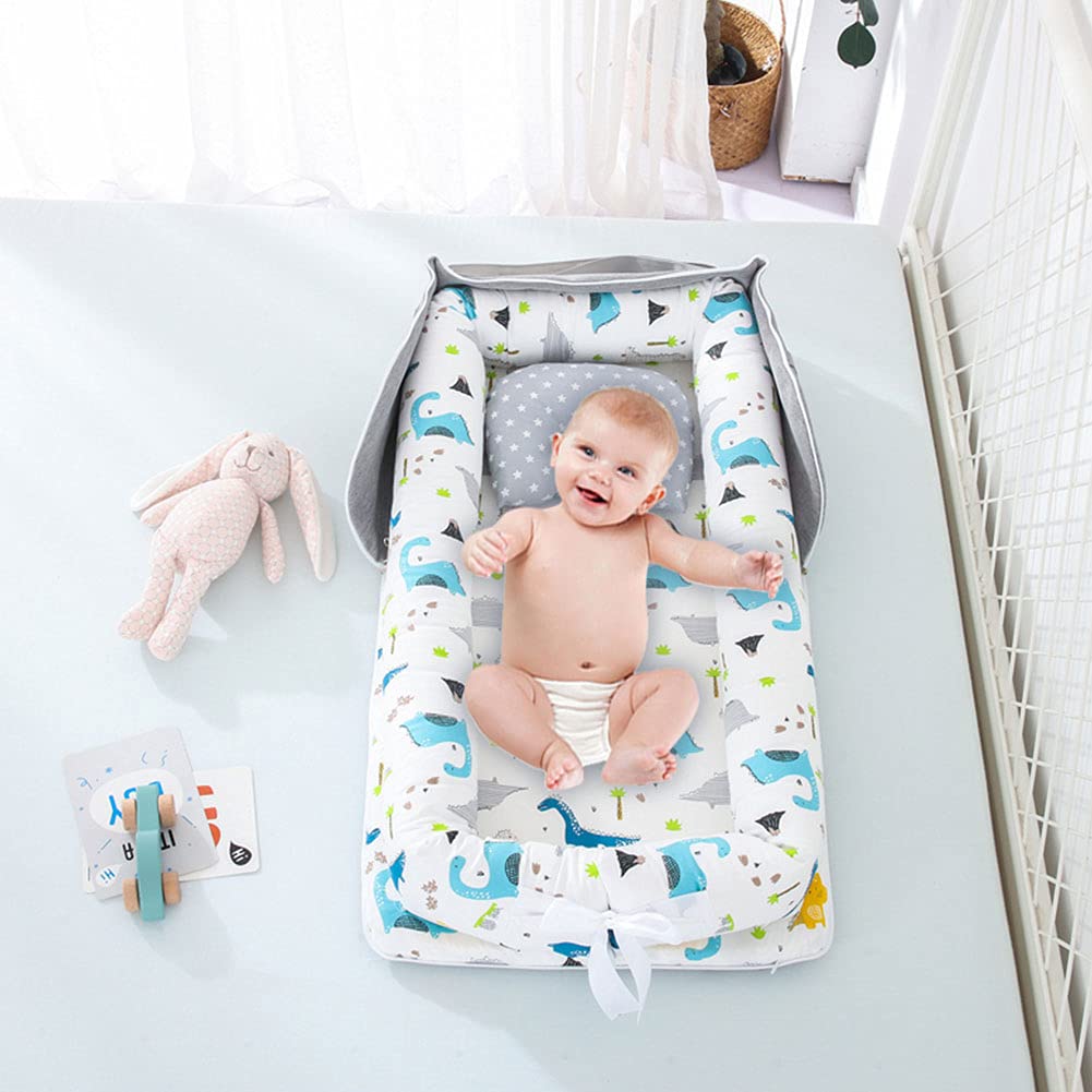 AGOGOLIFE Blue Ocean Baby Lounger – Portable Newborn Nest with Pillow & Foldable Mattress, Soft Cotton Crib for Travel or Home