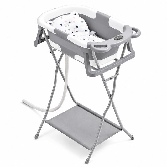 AGOGOLIFE Foldable Baby Bath with Stand, Bath Cushion & Digital Thermometer Grey