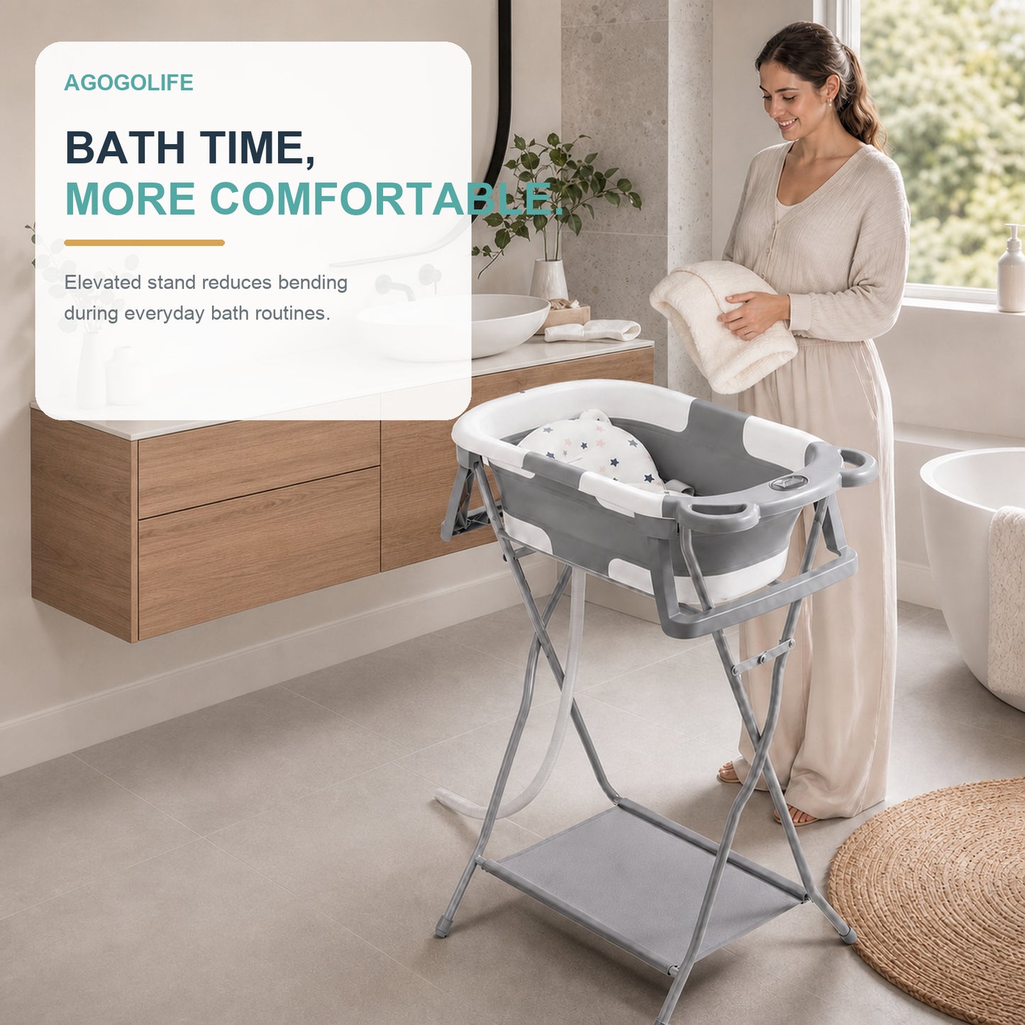 AGOGOLIFE Foldable Baby Bath with Stand, Bath Cushion & Digital Thermometer Grey