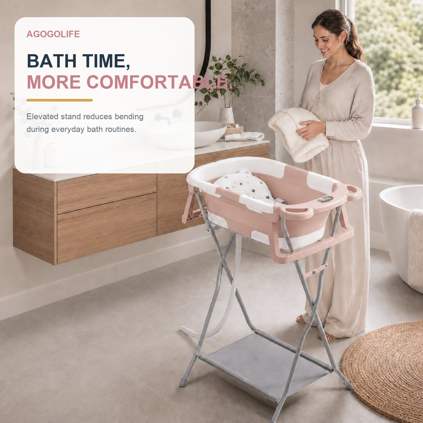 AGOGOLIFE Foldable Baby Bath with Stand, Bath Cushion & Digital Thermometer Pink