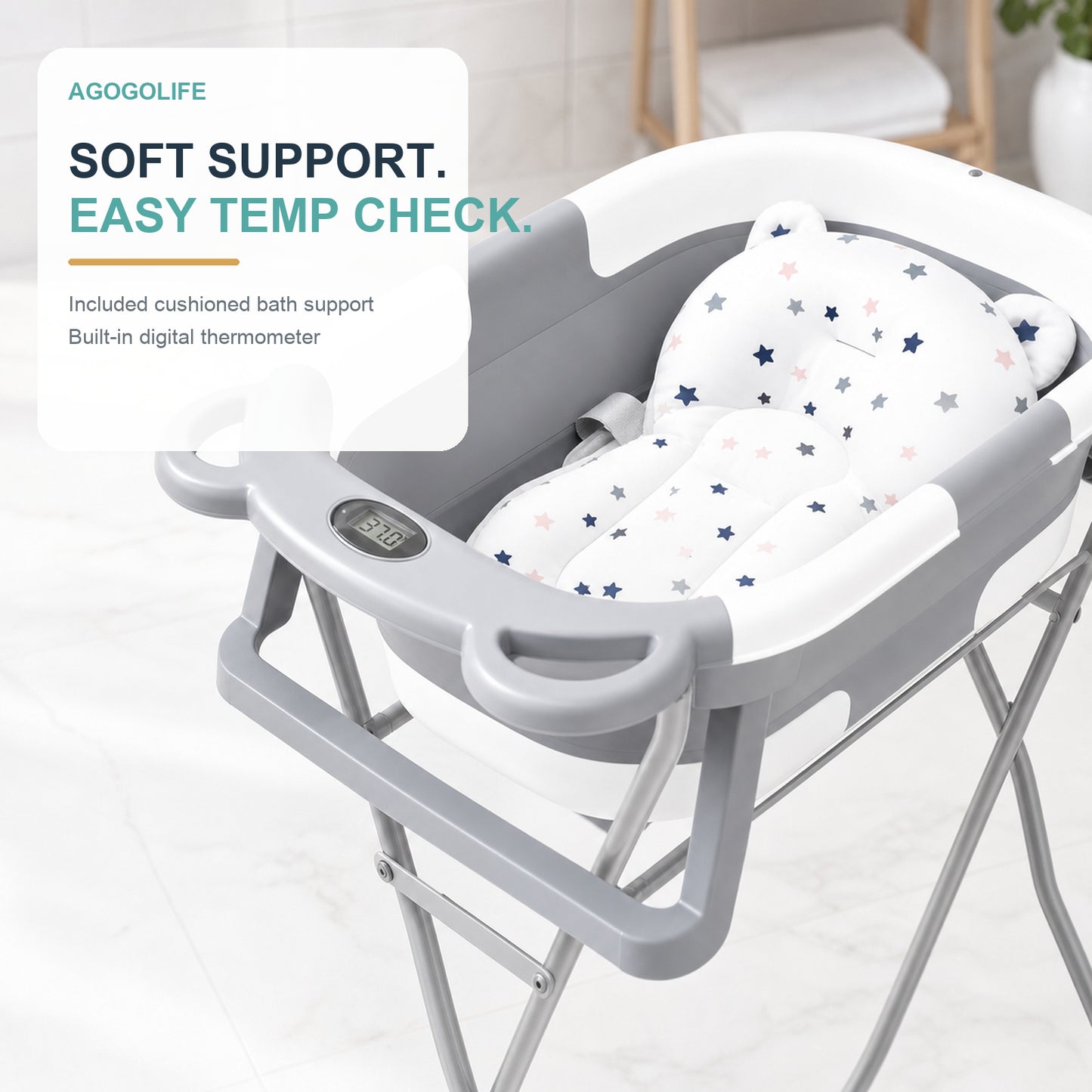 AGOGOLIFE Foldable Baby Bath with Stand, Bath Cushion & Digital Thermometer Grey