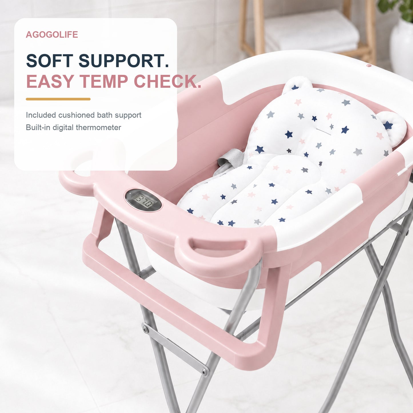 AGOGOLIFE Foldable Baby Bath with Stand, Bath Cushion & Digital Thermometer Pink