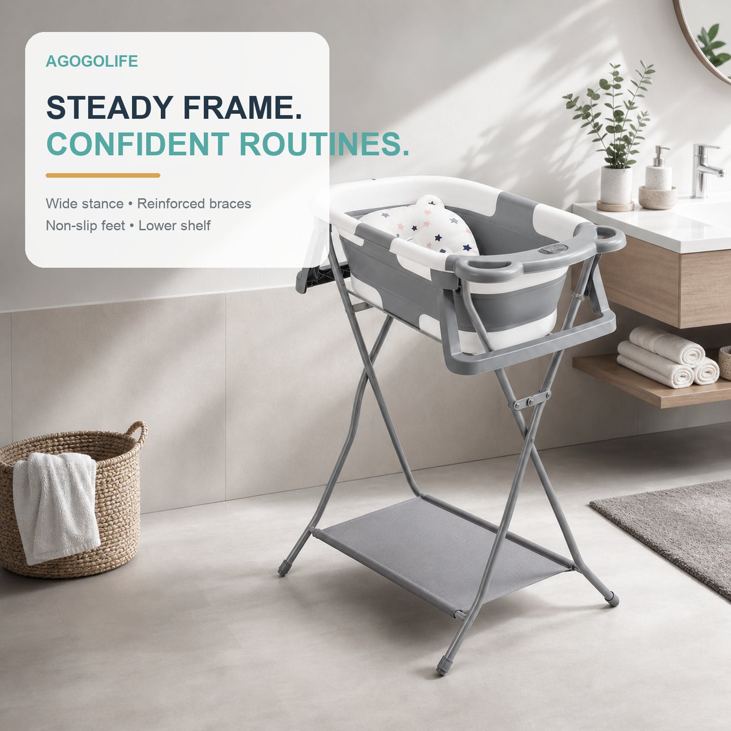 AGOGOLIFE Foldable Baby Bath with Stand, Bath Cushion & Digital Thermometer Grey
