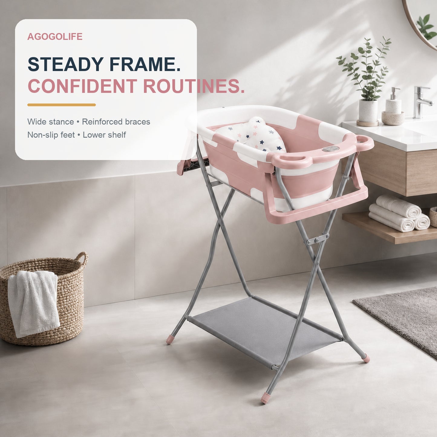 AGOGOLIFE Foldable Baby Bath with Stand, Bath Cushion & Digital Thermometer Pink