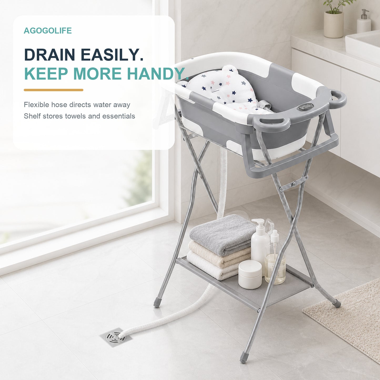 AGOGOLIFE Foldable Baby Bath with Stand, Bath Cushion & Digital Thermometer Grey