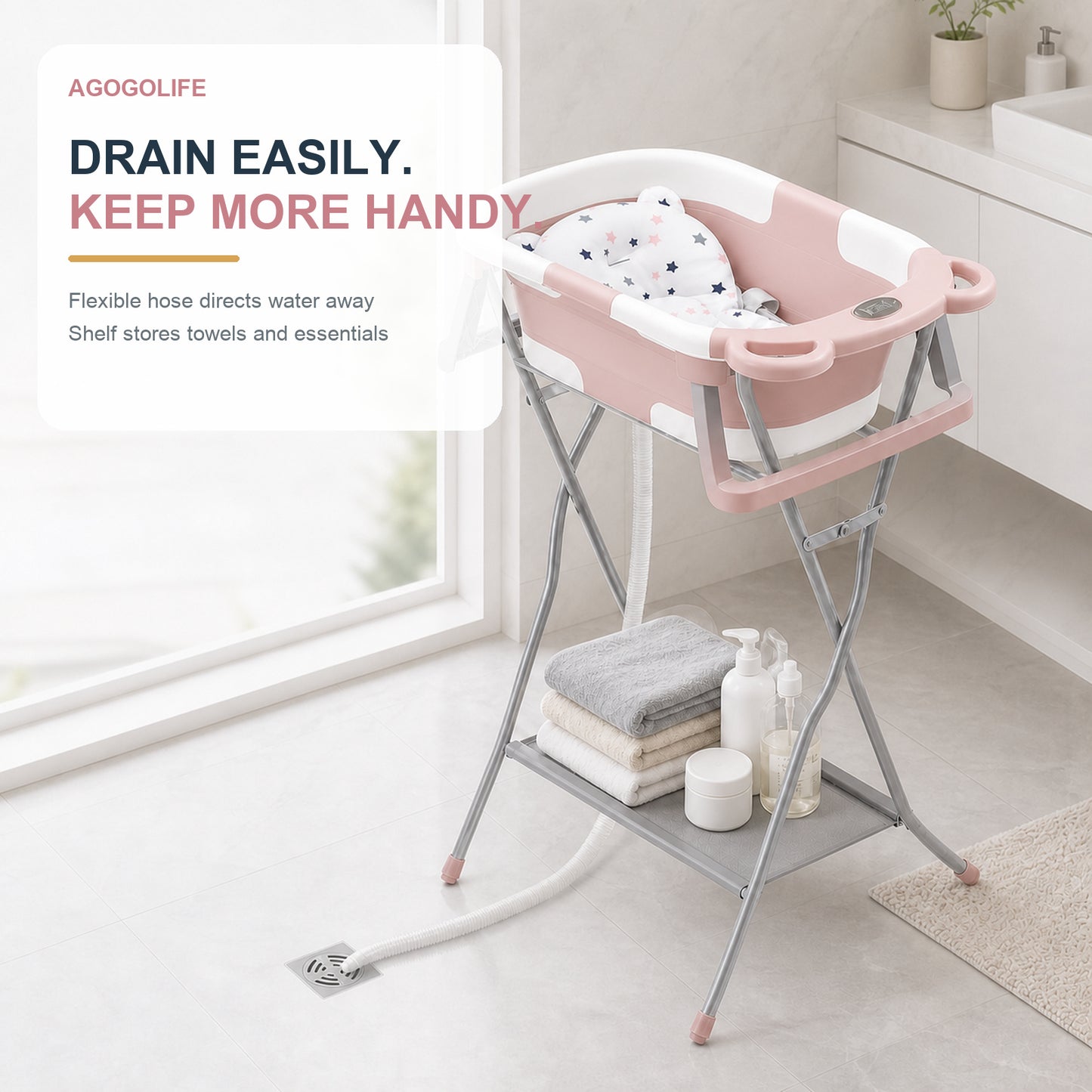AGOGOLIFE Foldable Baby Bath with Stand, Bath Cushion & Digital Thermometer Pink
