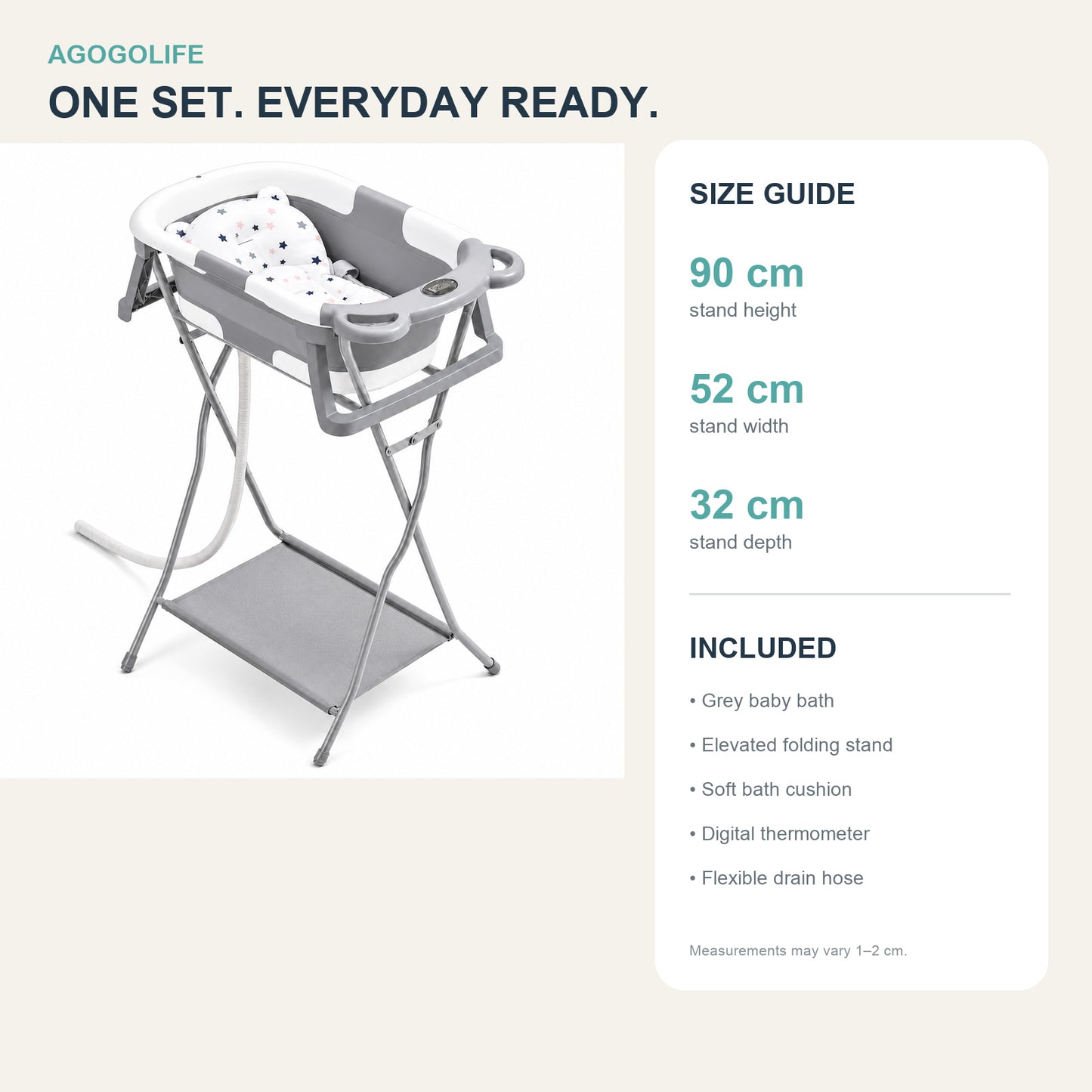 AGOGOLIFE Foldable Baby Bath with Stand, Bath Cushion & Digital Thermometer Grey