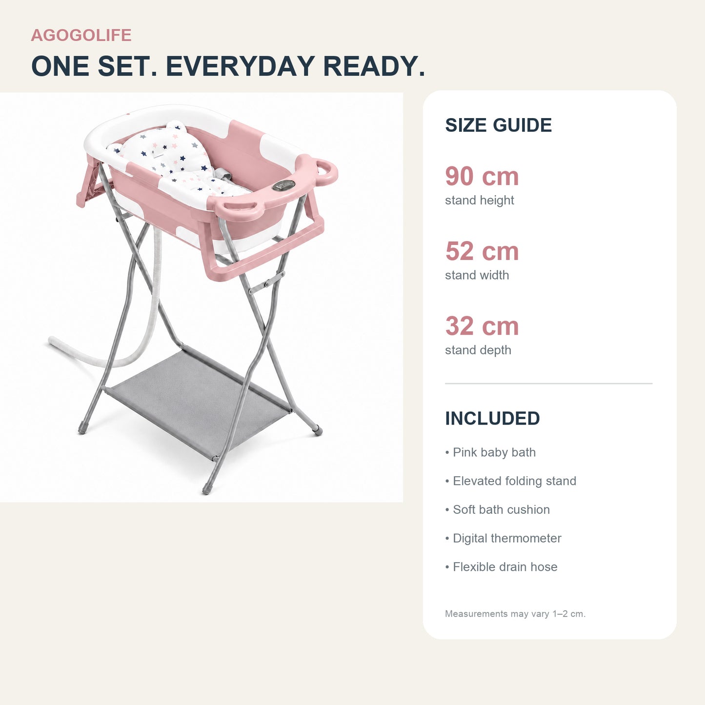 AGOGOLIFE Foldable Baby Bath with Stand, Bath Cushion & Digital Thermometer Pink
