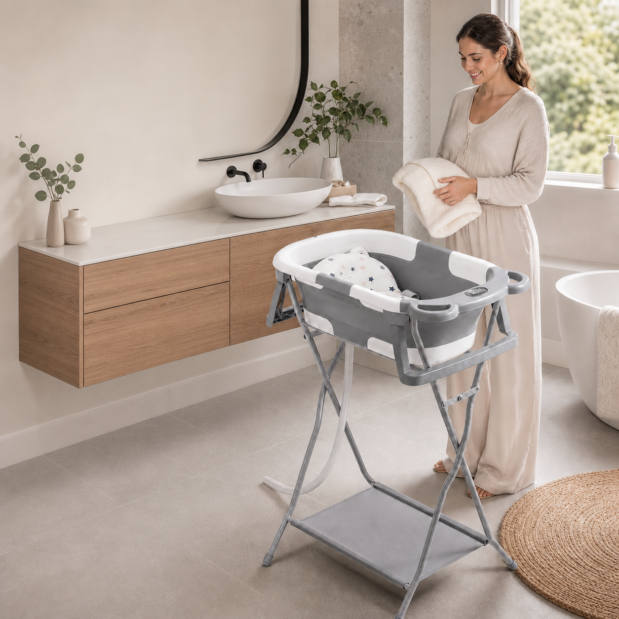 AGOGOLIFE Foldable Baby Bath with Stand, Bath Cushion & Digital Thermometer Grey
