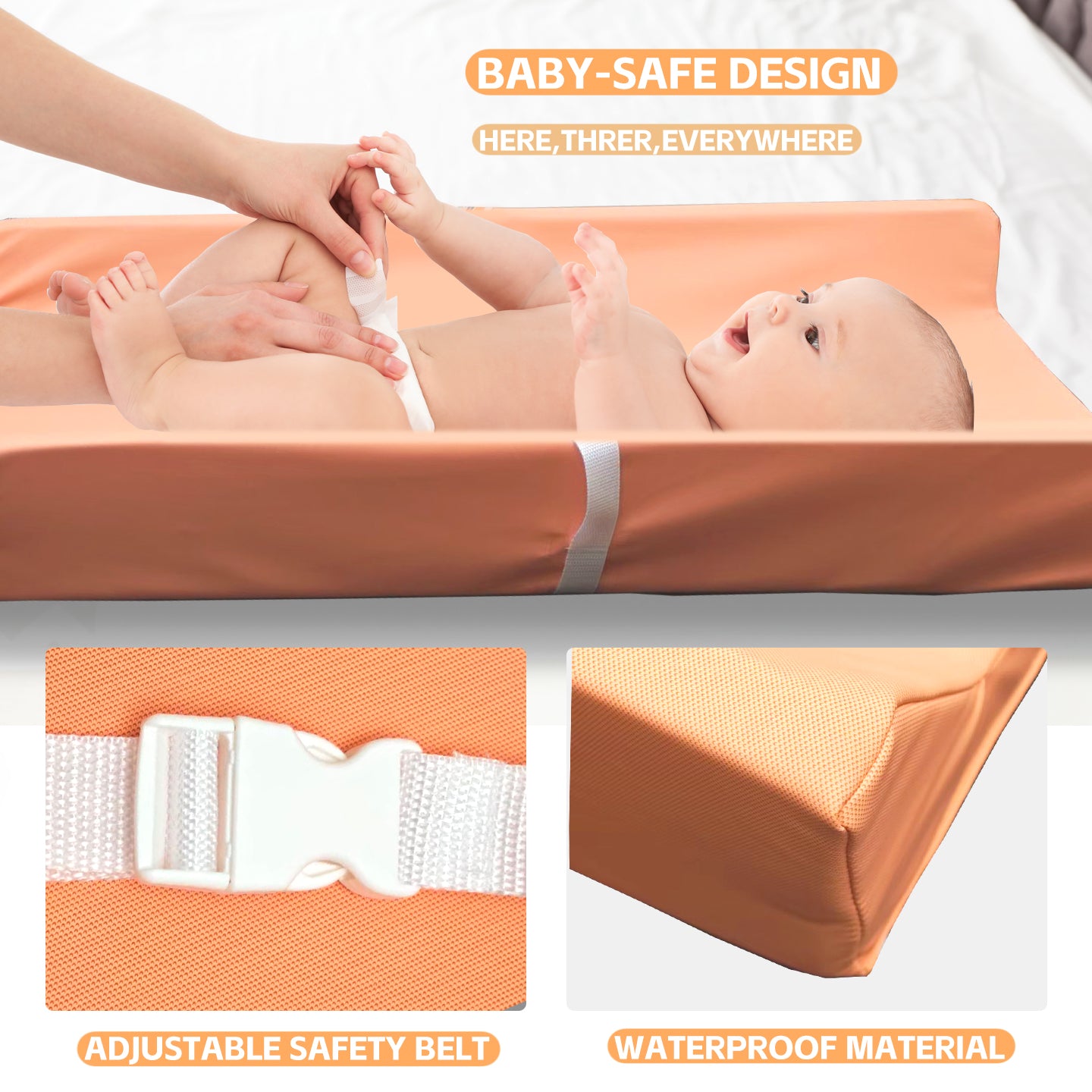 AGOGOLIFE BABY Changing Pad – Waterproof PU Leather, Soft Cushioned Mat with Safety Strap for Comfortable Nappy Changes-ORANGE