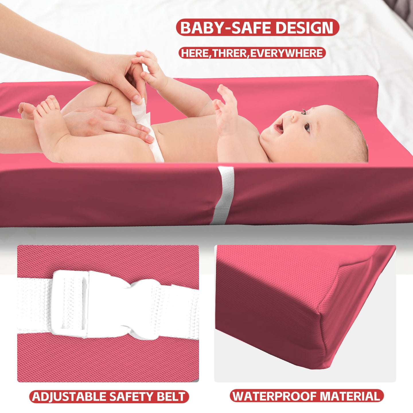 AGOGOLIFE BABY Changing Pad – Waterproof PU Leather, Soft Cushioned Mat with Safety Strap for Comfortable Nappy Changes-PINK